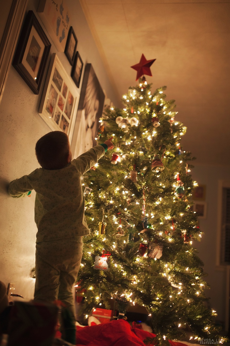 magical christmas tree photos with your kids, christmas jammies, boy and christmas tree