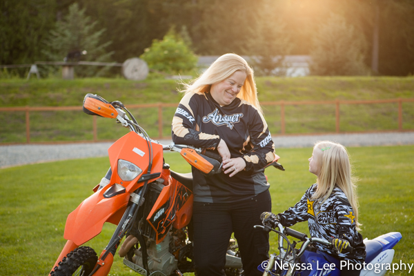 Goats and motorcycles in family photos, mom and daughter on motorcycles