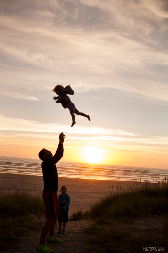 Silhoutte, Flying into the air, sunset beach with kids