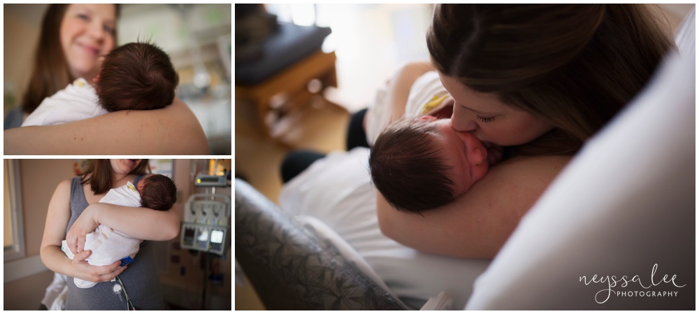Photo collage of mother holding newborn baby in hospital after birth during their Fresh 48 photography session