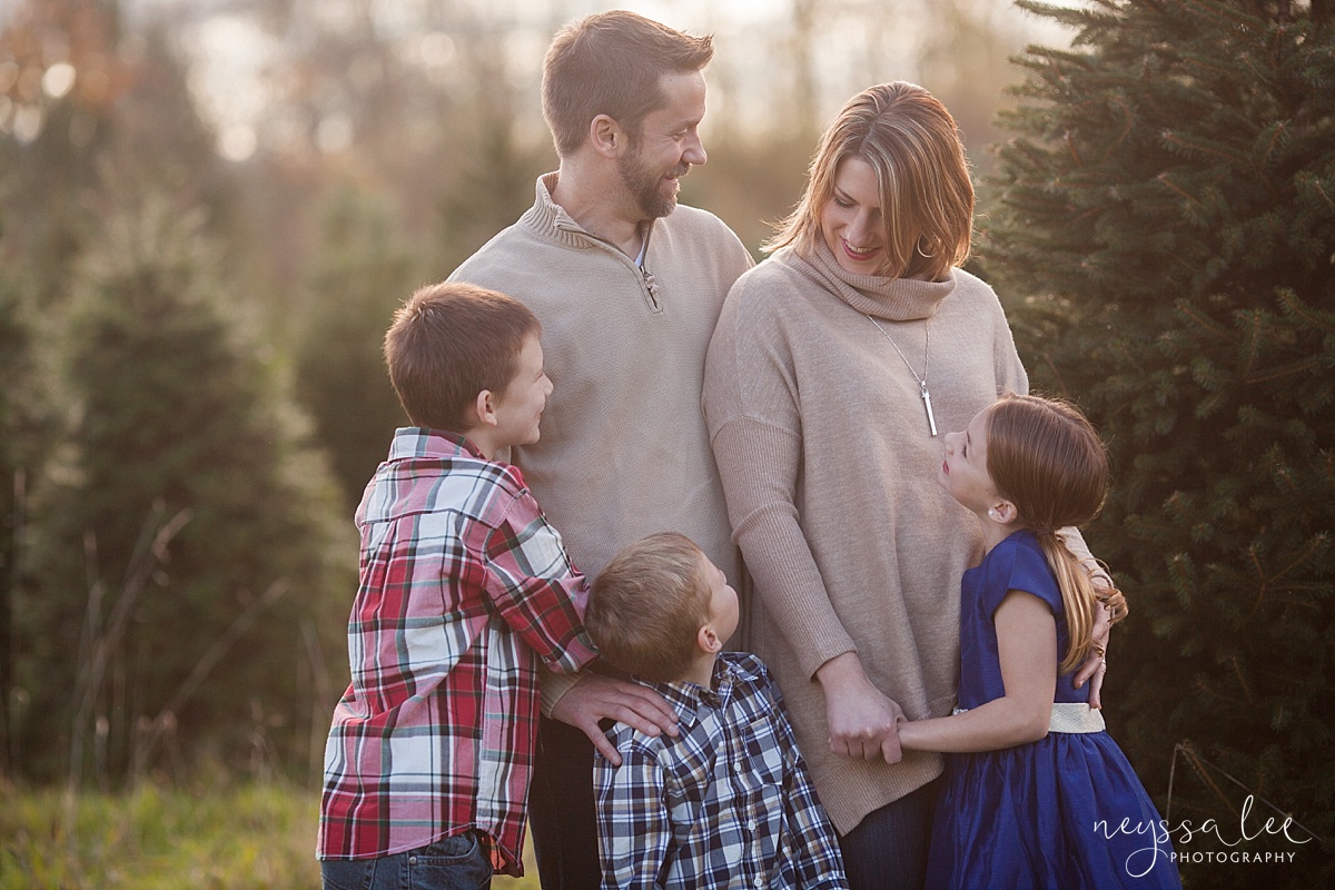 Family Photos at a Christmas Tree farm, Neyssa Lee Photography, Snoqualmie Photographer, Seattle Family Photography, family of 5, big hug