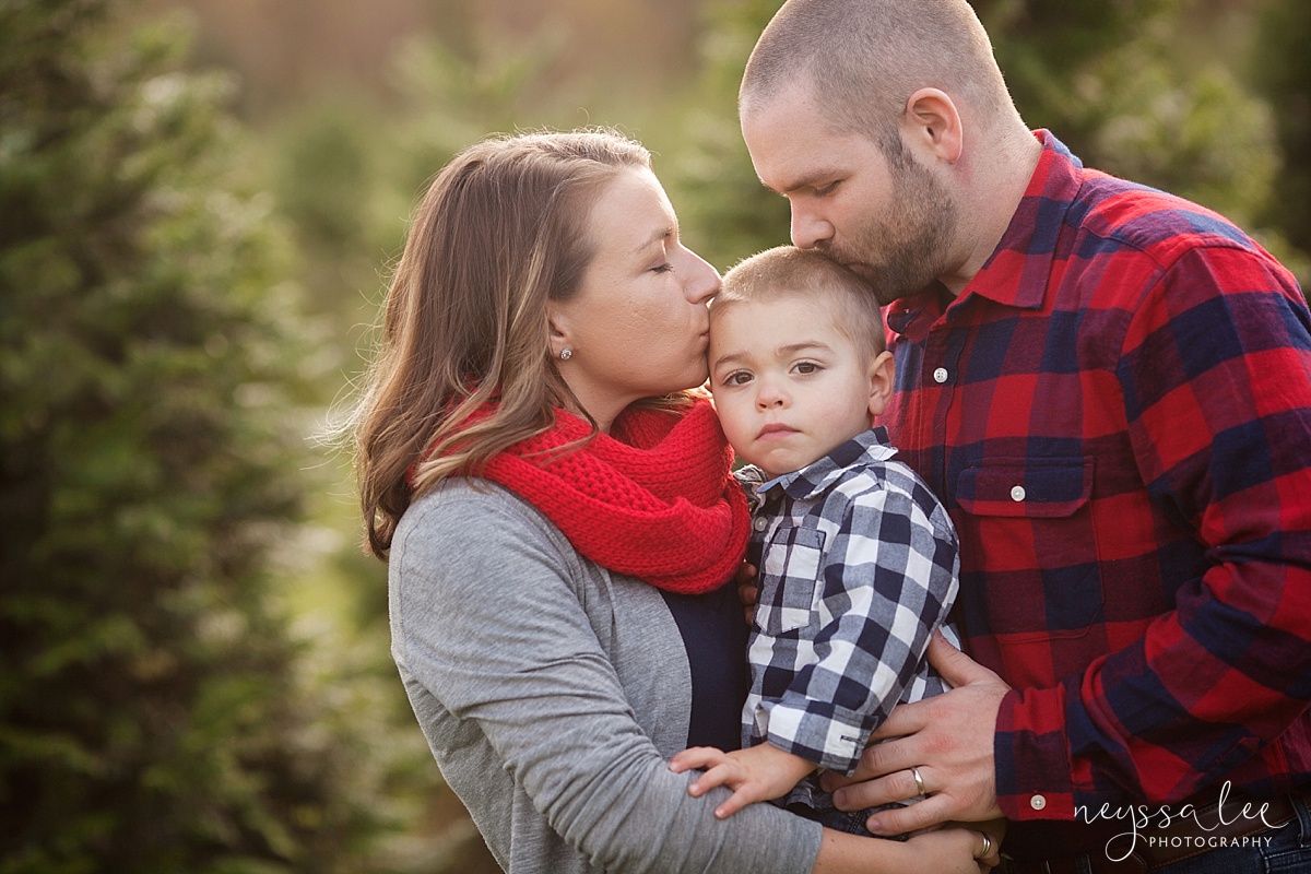 Family Photos at a Christmas Tree farm, family of four, Neyssa Lee Photography, Snoqualmie Photographer, Seattle Family Photography, mom kisses toddler boy