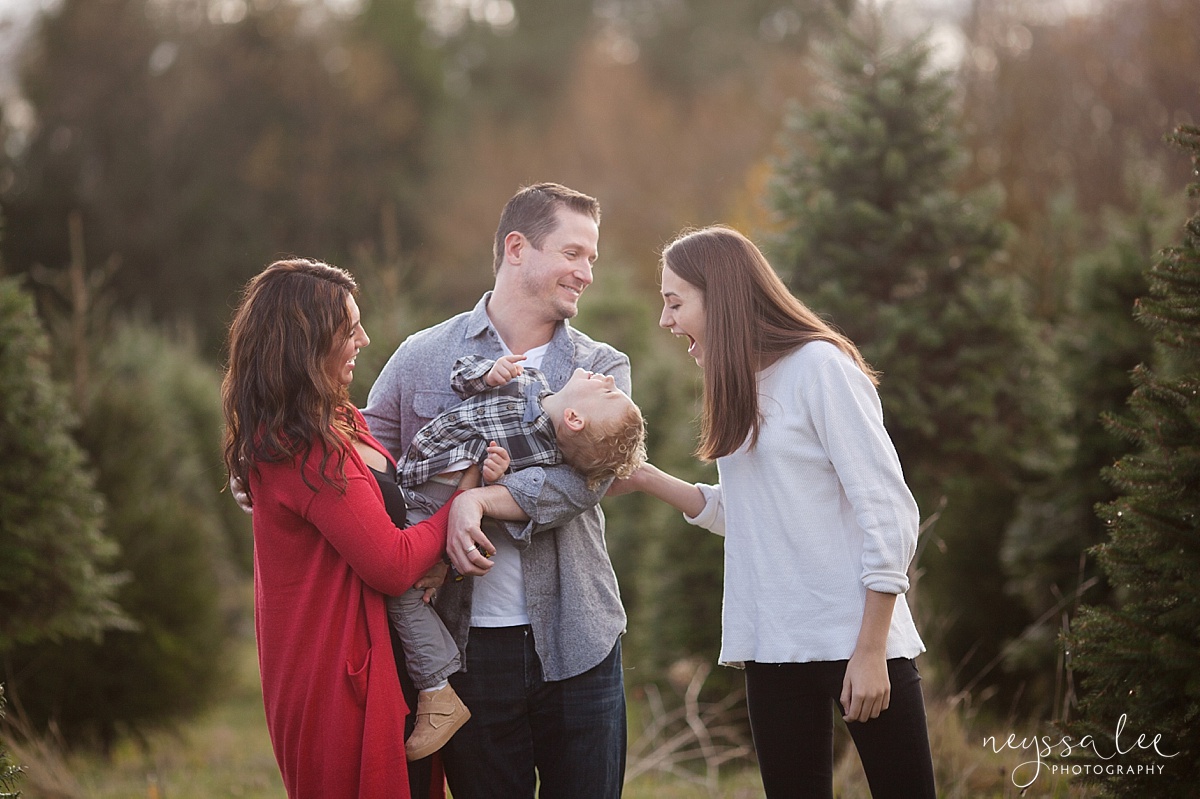 Family Photos at a Christmas Tree farm, family of four, Neyssa Lee Photography, Snoqualmie Photographer, Seattle Family Photography, tickling brother