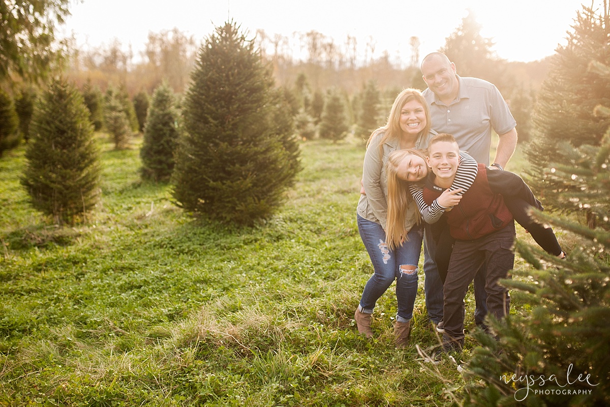 Family Photos at a Christmas Tree farm, Neyssa Lee Photography, Snoqualmie Photographer, Seattle Family Photography, silly family photo