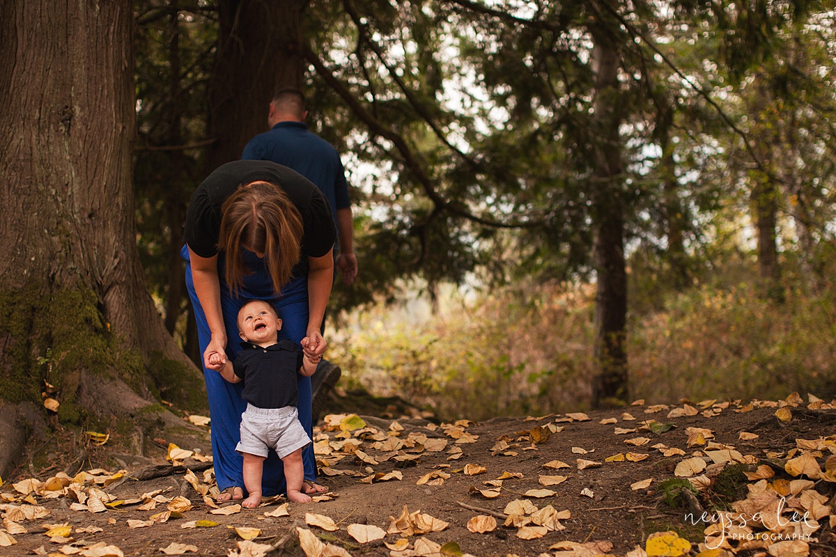 Snoqualmie family photographer, Neyssa Lee Photography, toddler only wants to play during photos, baby boy standing in leaves
