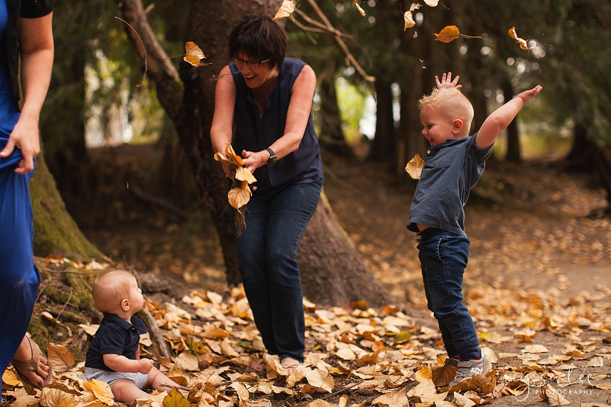 Snoqualmie family photographer, Neyssa Lee Photography, toddler only wants to play during photos, throwing leaves with grandma