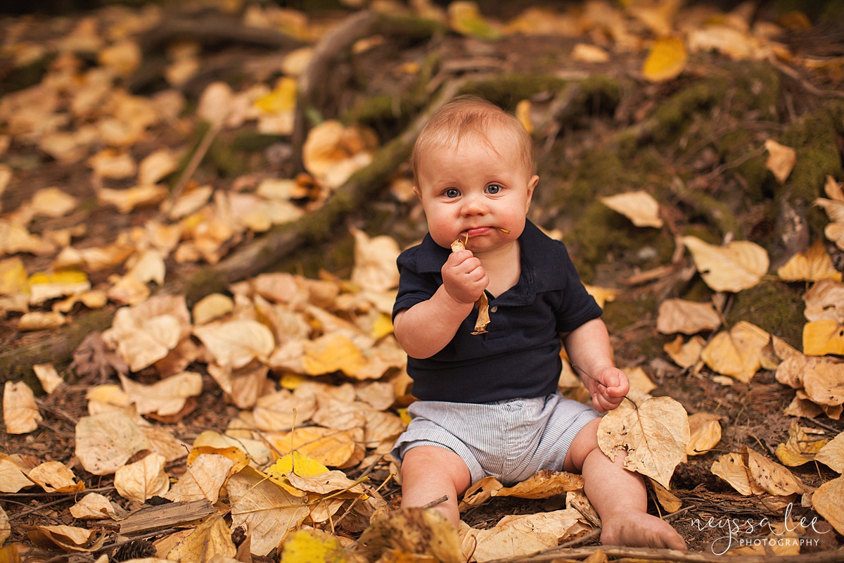 Snoqualmie family photographer, Neyssa Lee Photography, toddler only wants to play during photos, baby boy with leaf