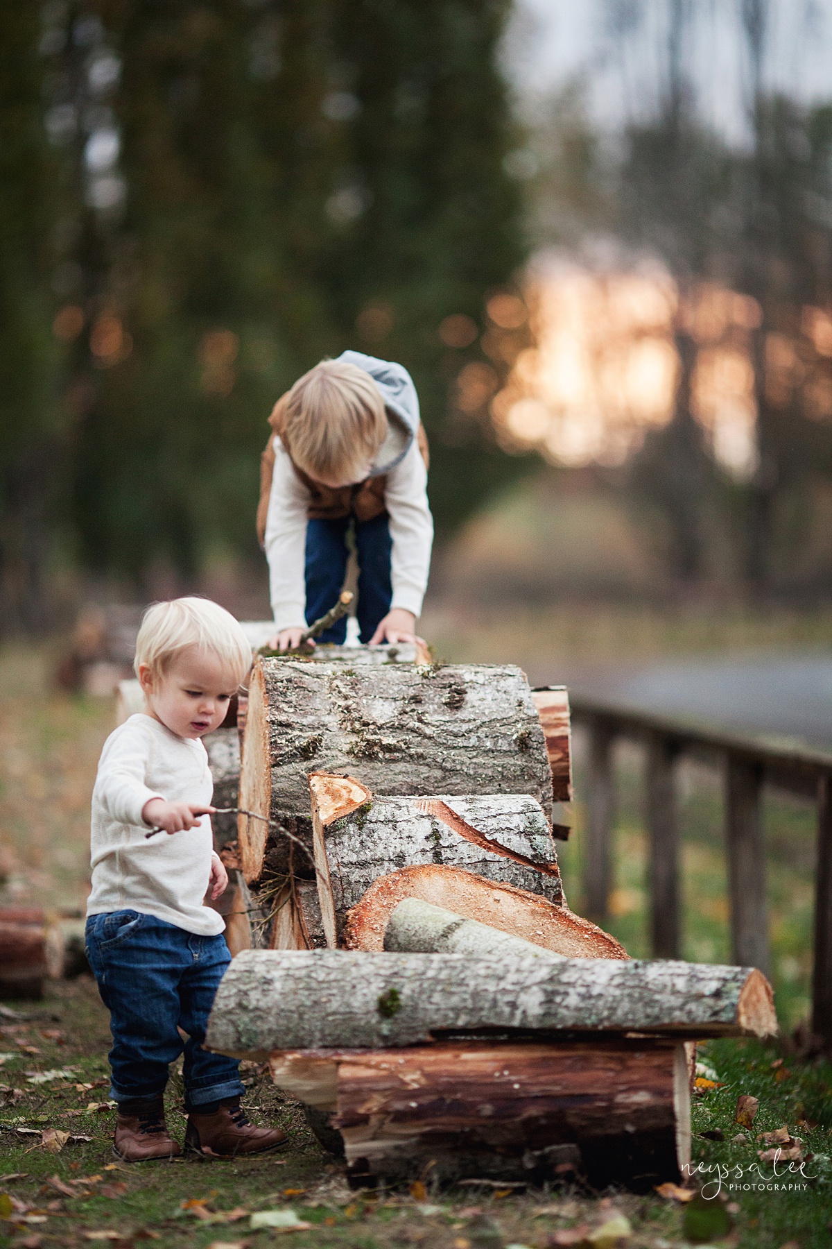 Neyssa Lee Photography, Snoqualmie Family Photographer, Fall Family Photos, boys playing on woodpile