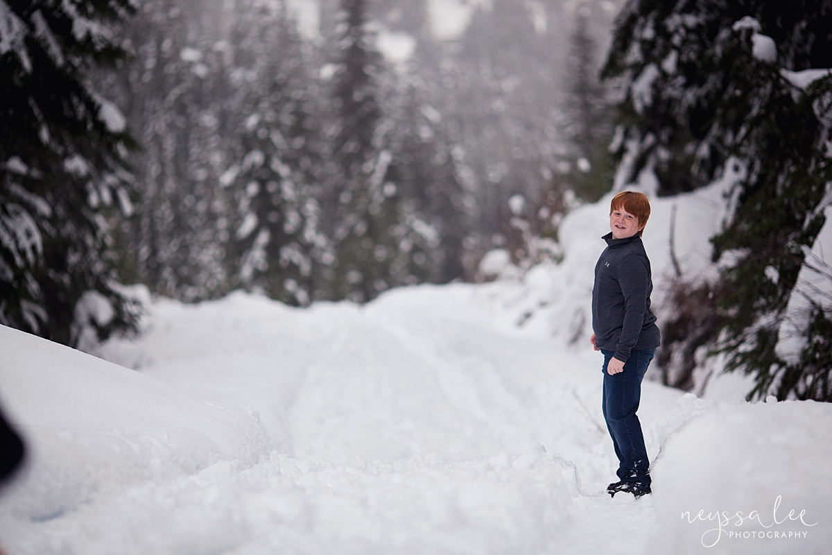 Neyssa Lee Photography, Snoqualmie Family Photographer, Family photos in the snow, boy in the snow