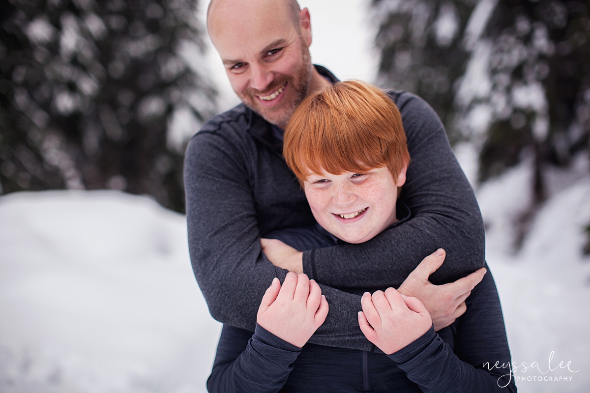 Neyssa Lee Photography, Snoqualmie Family Photographer, Family photos in the snow, Father and Son in the snow
