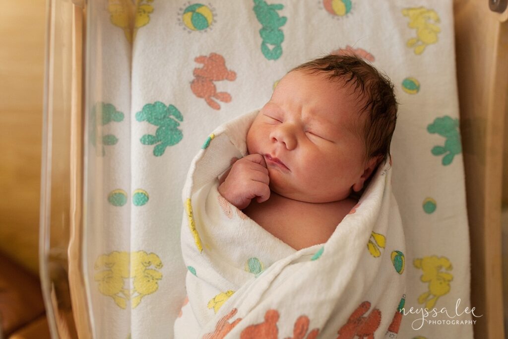 Newborn baby swaddled in hospital bassinet, Swedish Hospital Issaquah, Wa
