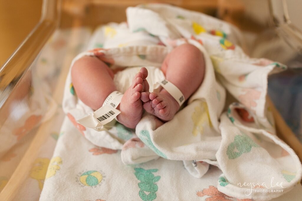Newborn feet during Fresh 48 hospital portrait session, Issaquah, Wa