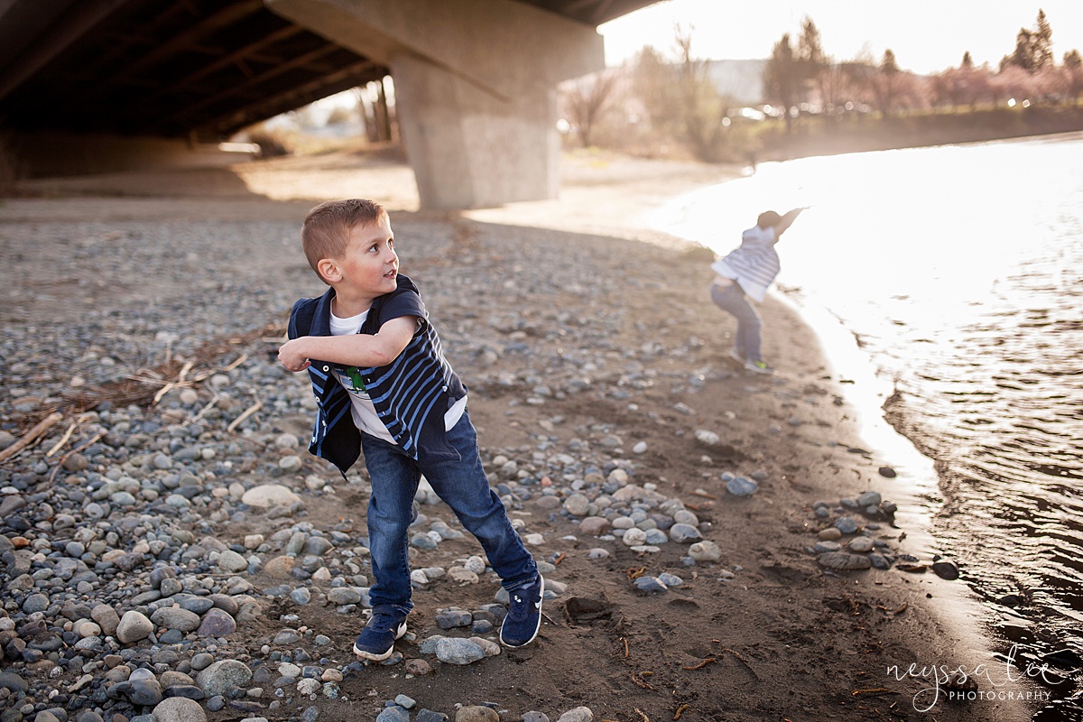 Family Photos by the River at Sunset, Neyssa Lee Photography, Snoqualmie Family Photography,  Boy throwing rocks