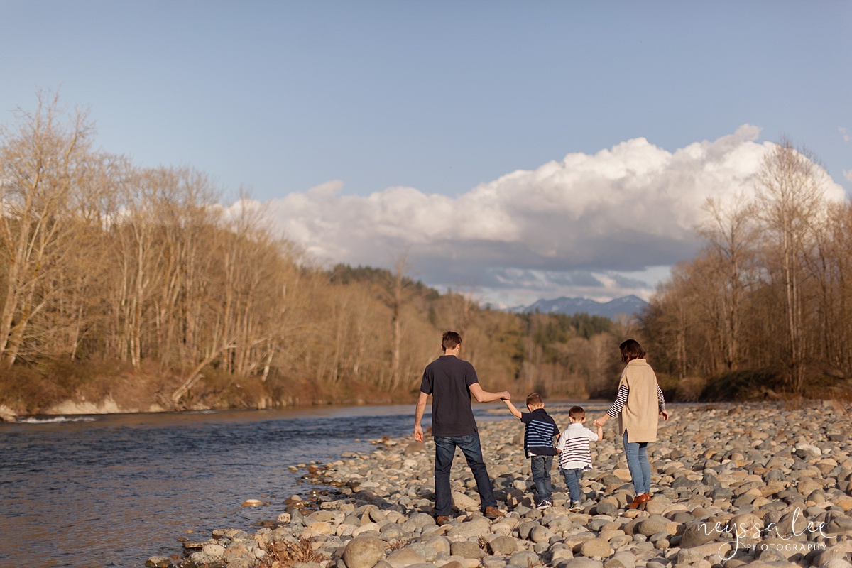 Family Photos by the River at Sunset, Neyssa Lee Photography, Snoqualmie Family Photography, Family of Four walks along the river