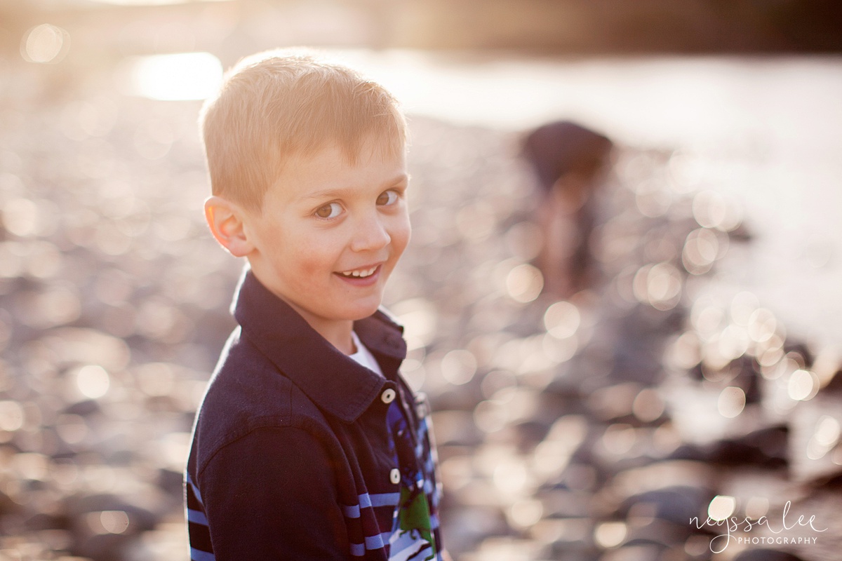 Family Photos by the River at Sunset, Neyssa Lee Photography, Snoqualmie Family Photography, Family of Four, Boy in beautiful hazy backlight