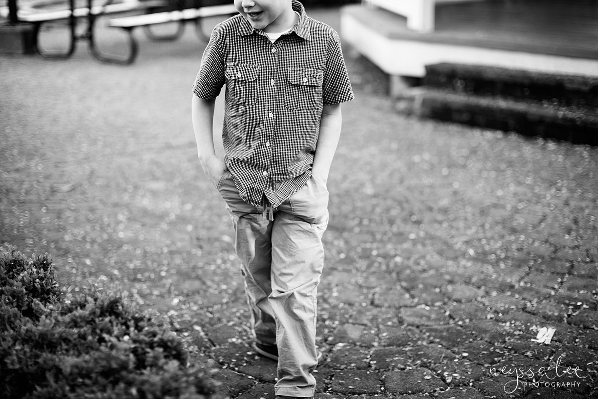 Photos for a 10 year anniversary, Snoqualmie Family Photography, Neyssa Lee Photography, Snoqualmie Train Station, boy walks with hands in pockets