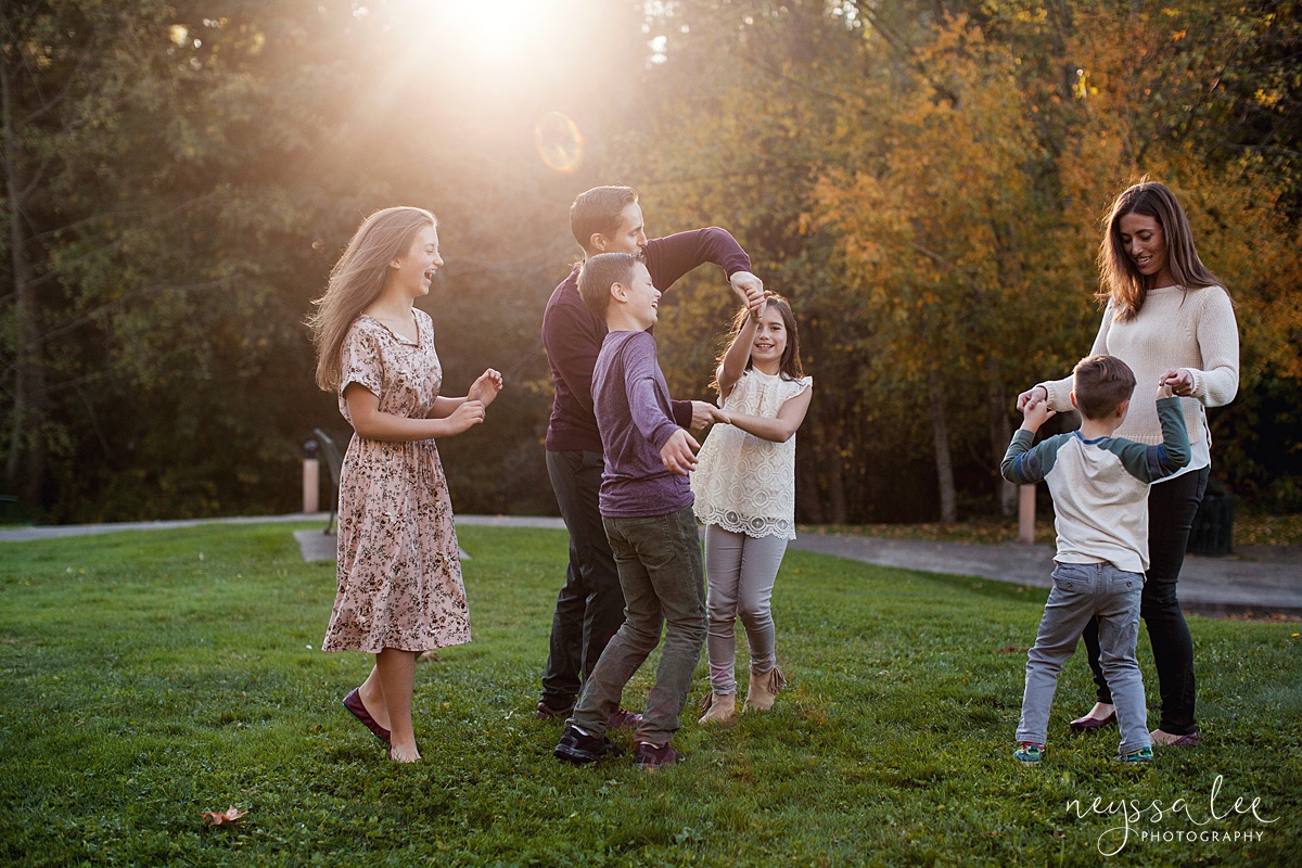Special Place for Family Photos, Seattle Family Photographer, Family of 6 in beautiful light, sunset Seattle session