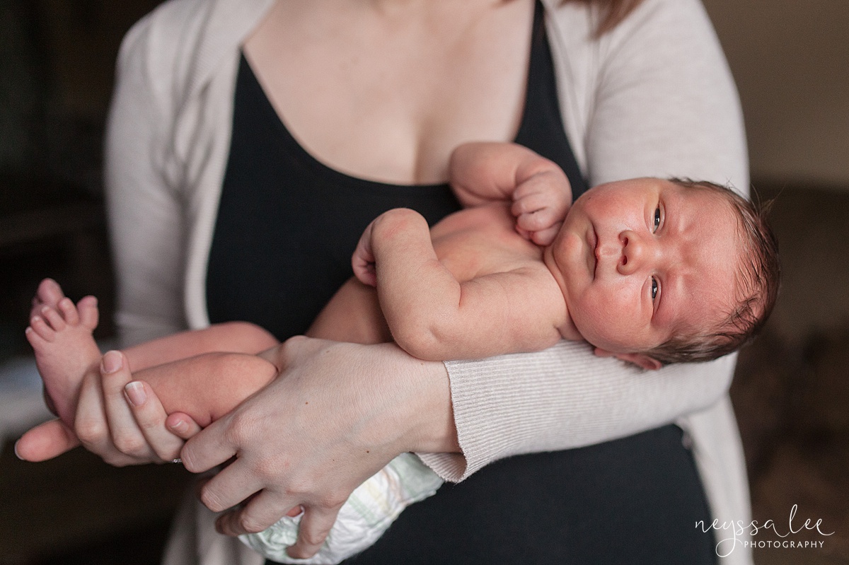 Neyssa Lee Photography, Awake newborn baby boy, lifestyle newborn photography, Seattle newborn photographer, baby in diaper in moms arms