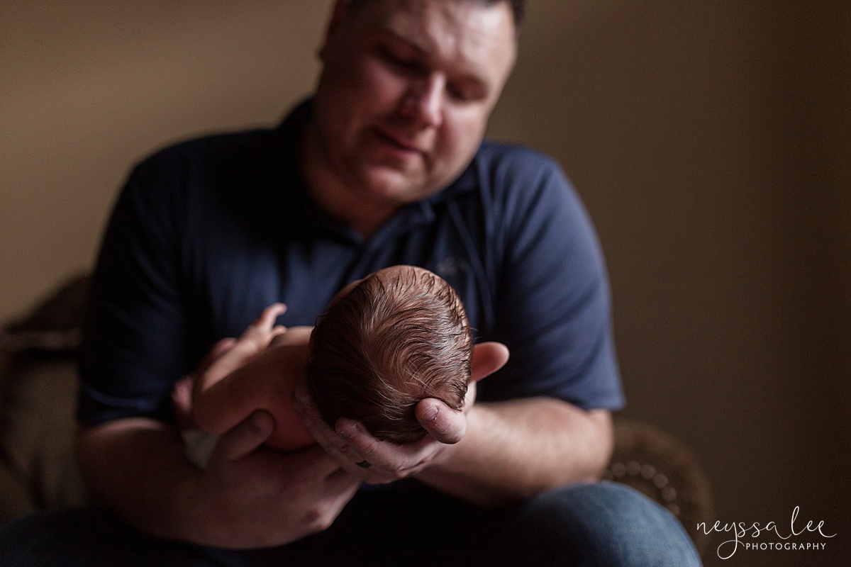Neyssa Lee Photography, Awake newborn baby boy, lifestyle newborn photography, Seattle newborn photographer, father and son