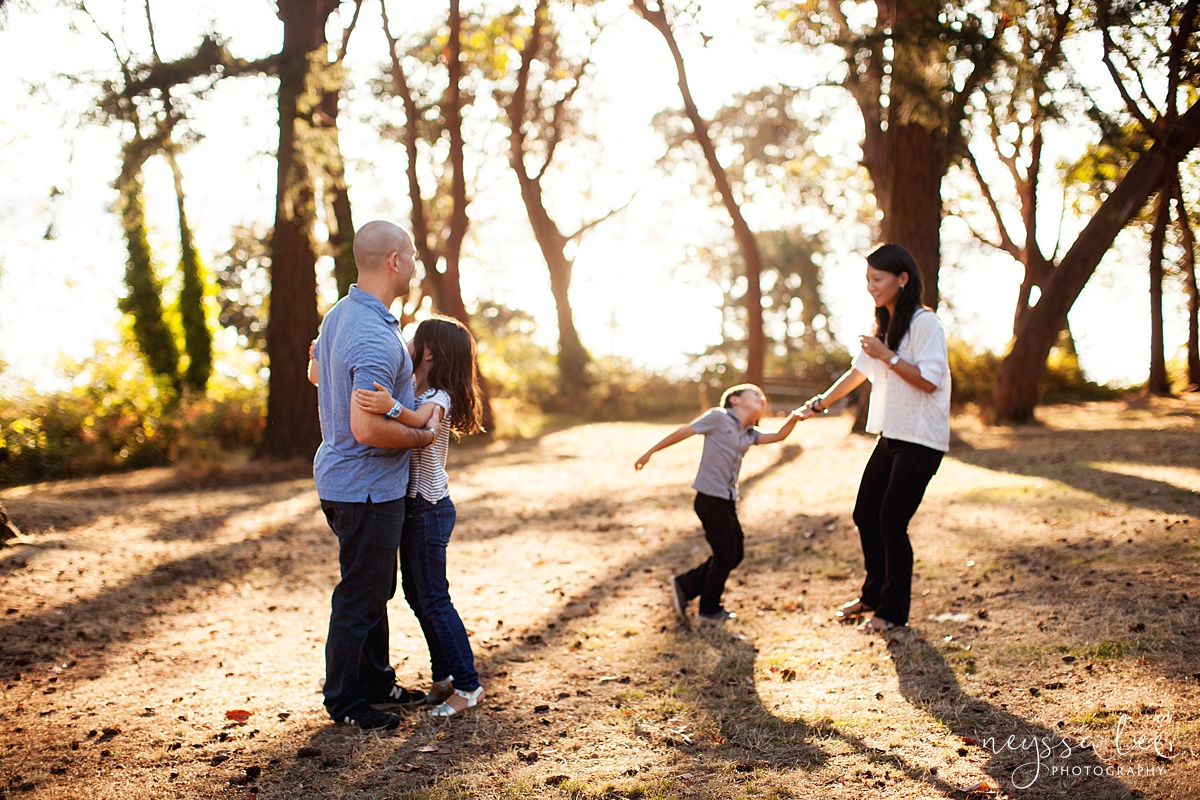 Neyssa Lee Photography, Seattle Family Photography, Family photos in the woods, family photos by the water, family dances in beautiful light