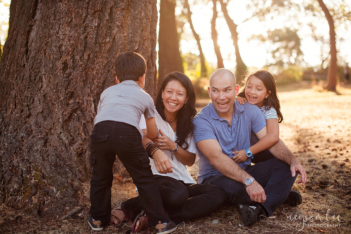 Neyssa Lee Photography, Seattle Family Photography, Family photos in the woods, family photos by the water, playful family photo