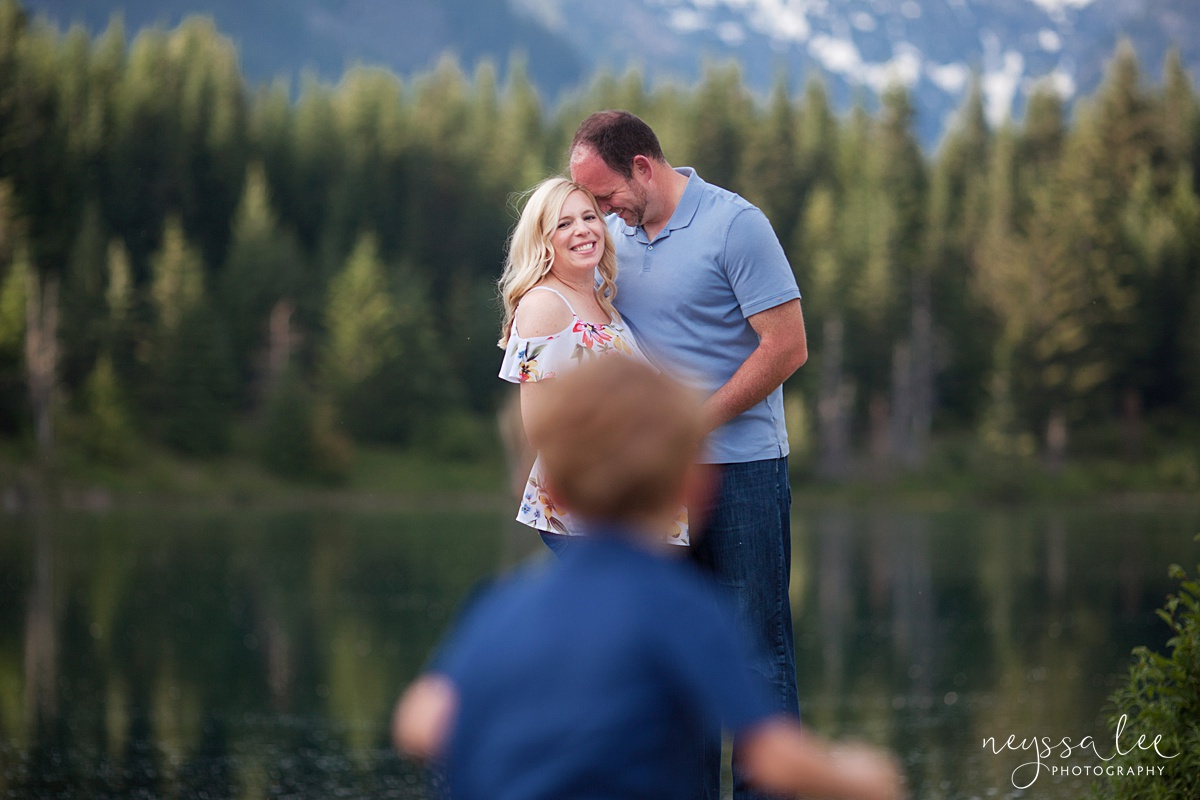 Maternity Photos in the Mountains, Gold Creek Pond, Neyssa Lee Photography, Snoqualmie Family Photographer, Boy runs to mom and dad