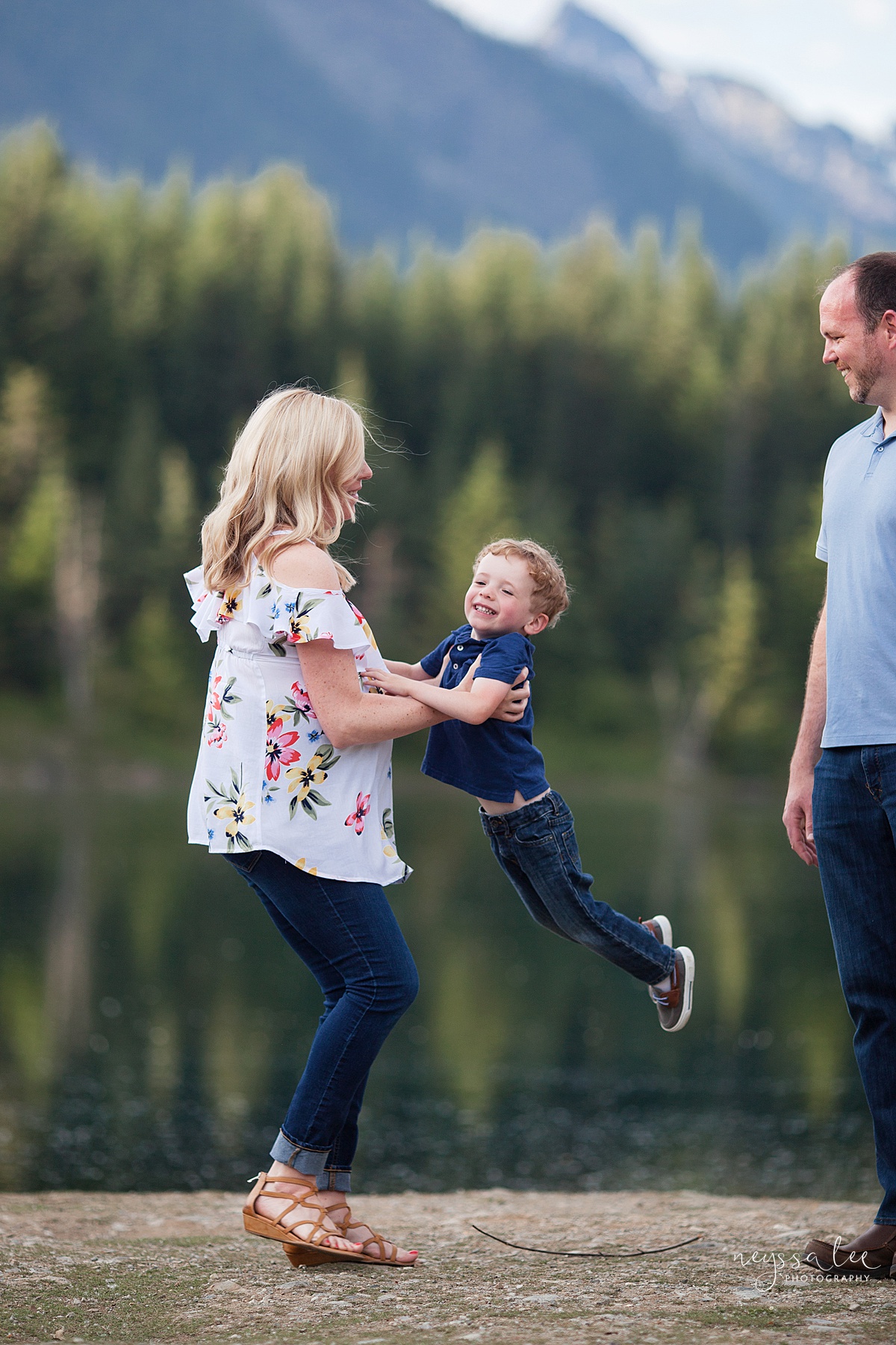 Maternity Photos in the Mountains, Gold Creek Pond, Neyssa Lee Photography, Snoqualmie Family Photographer, Pregnant Mom spins with son