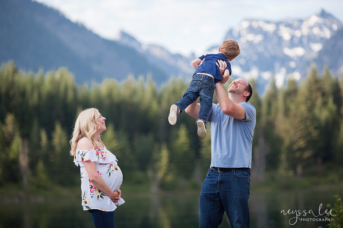 Maternity Photos in the Mountains, Gold Creek Pond, Neyssa Lee Photography, Snoqualmie Family Photographer, Dad tosses son into the air