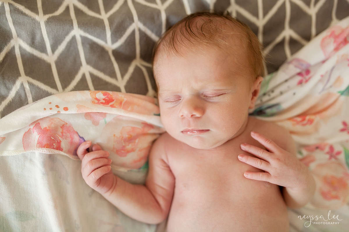 Snoqualmie newborn photographer, Neyssa Lee Photography, Seattle Newborn Photography, newborn asleep on bed