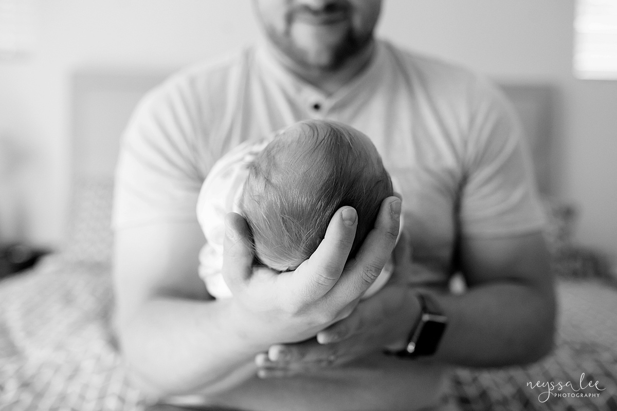 Snoqualmie newborn photographer, Neyssa Lee Photography, Seattle Newborn Photography, baby's head in dad's arms