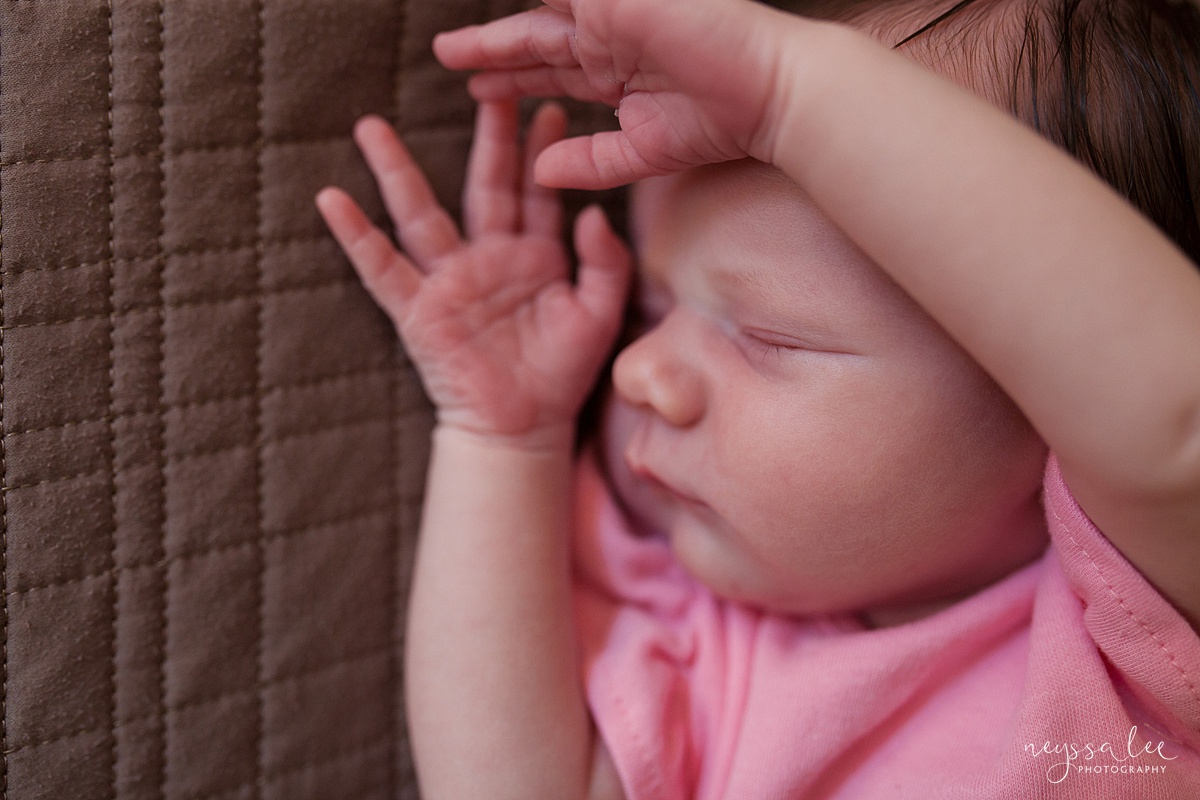 When should I book newborn photos, Neyssa Lee Photography, Seattle Newborn Photographer, Lifestyle newborn photography, Close up of newborn baby girl sleeping