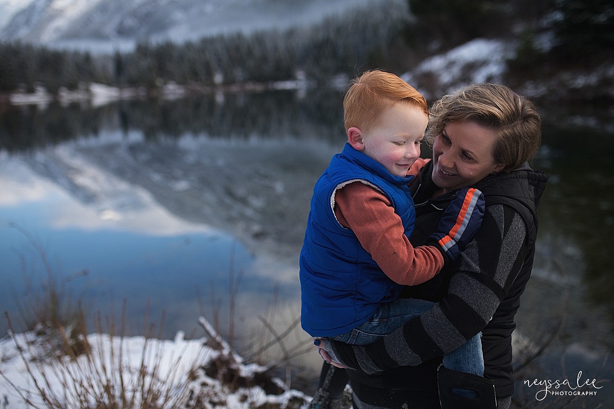 Mother and son during Snoqualmie Pass, Gold Creek Pond photos