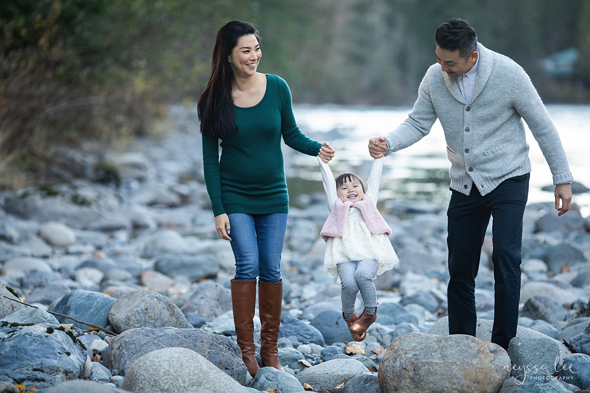 Neyssa Lee Photography, Seattle Lifestyle Family Photographer,  Photo of Mom and dad swinging girl by the river