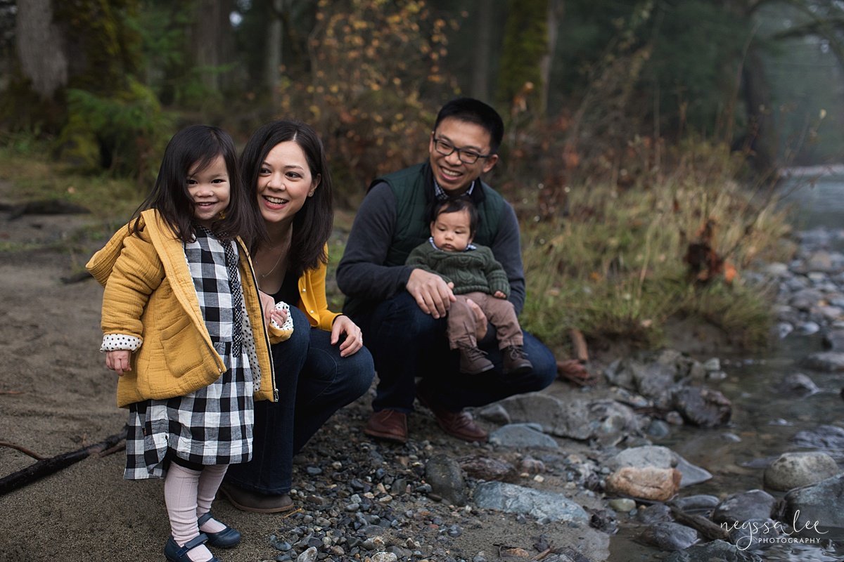 Neyssa Lee Photography, Snoqualmie Family Photographer, Family Photos for Shy Kids, Photo of family by the river on a foggy morning