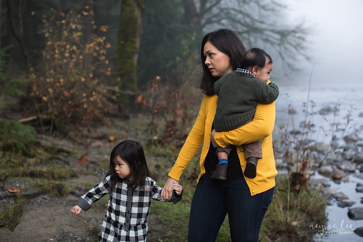 Neyssa Lee Photography, Snoqualmie Family Photographer, Family Photos for Shy Kids, Photo of girl holding moms hand and leading the way