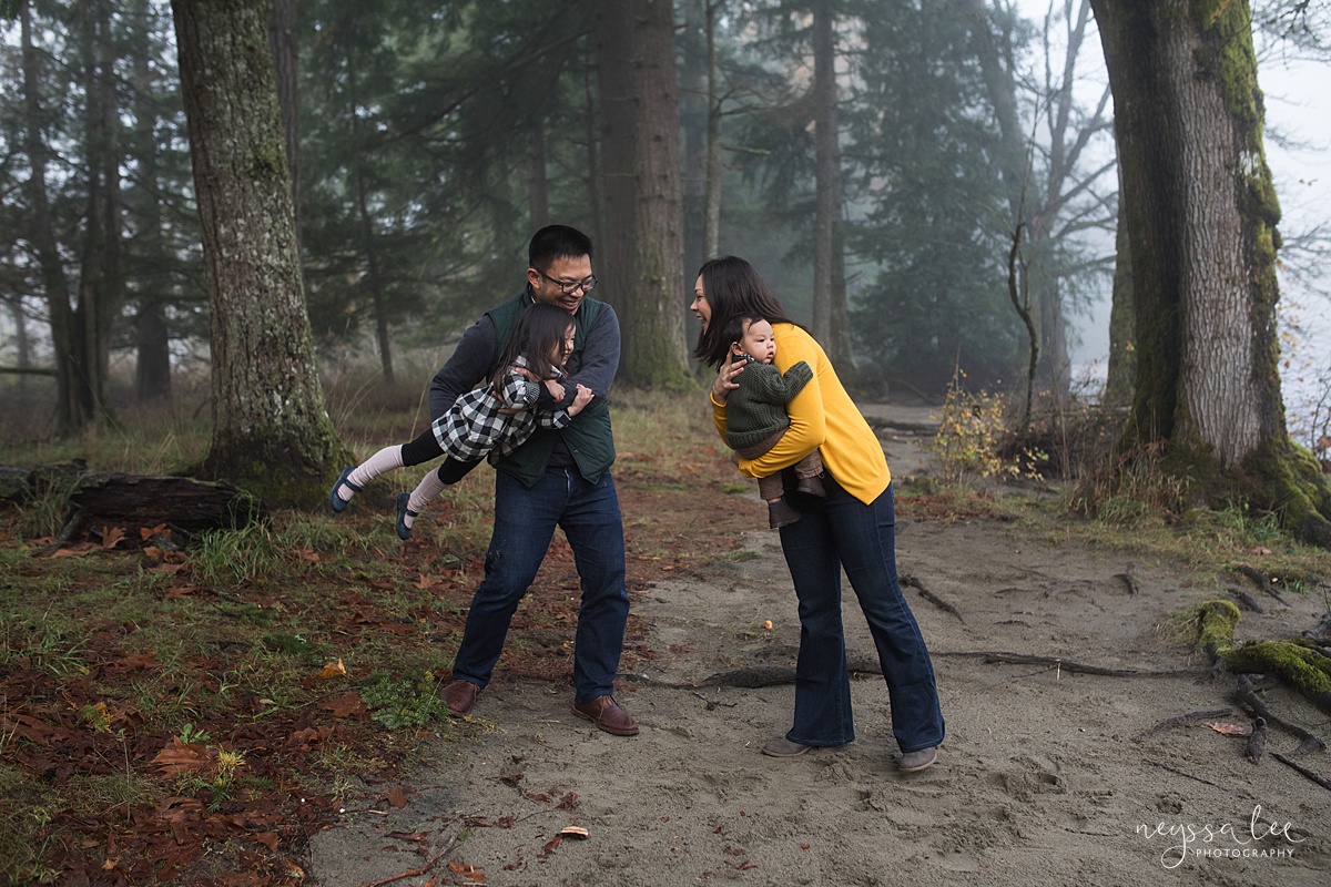 Neyssa Lee Photography, Snoqualmie Family Photographer, Family Photos for Shy Kids, Photo of parents playing with kids in the woods