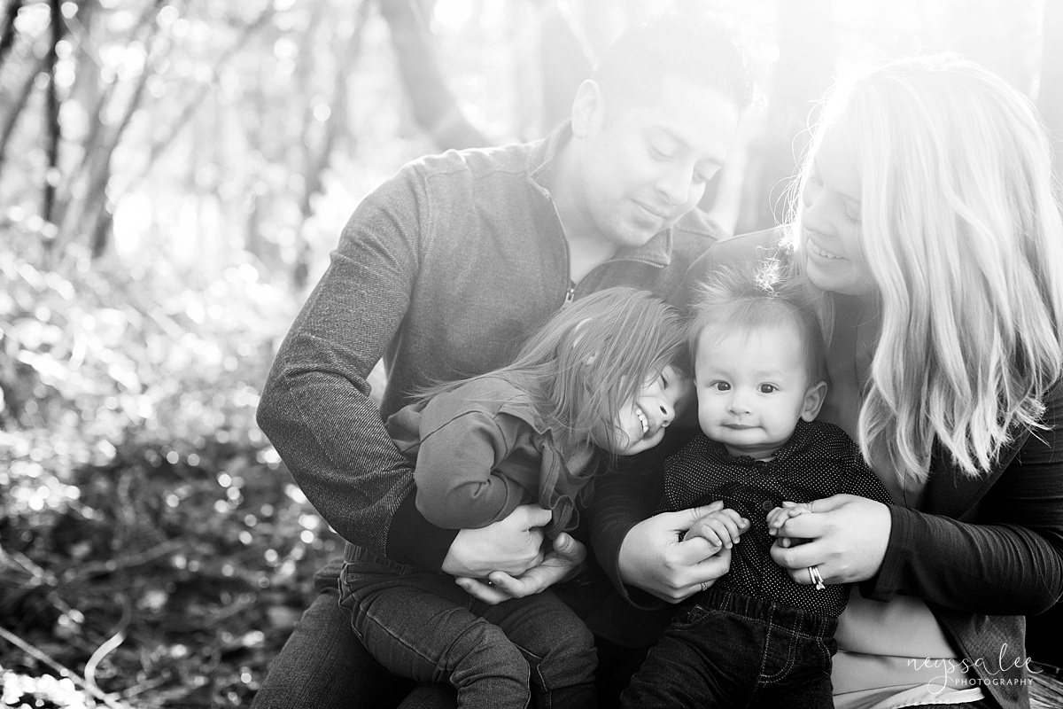 Uncooperative Kids During Family Photos, Neyssa Lee Photography, Seattle Family Photographer, Issaquah Photography, Hazy black and white photo of family snuggled together