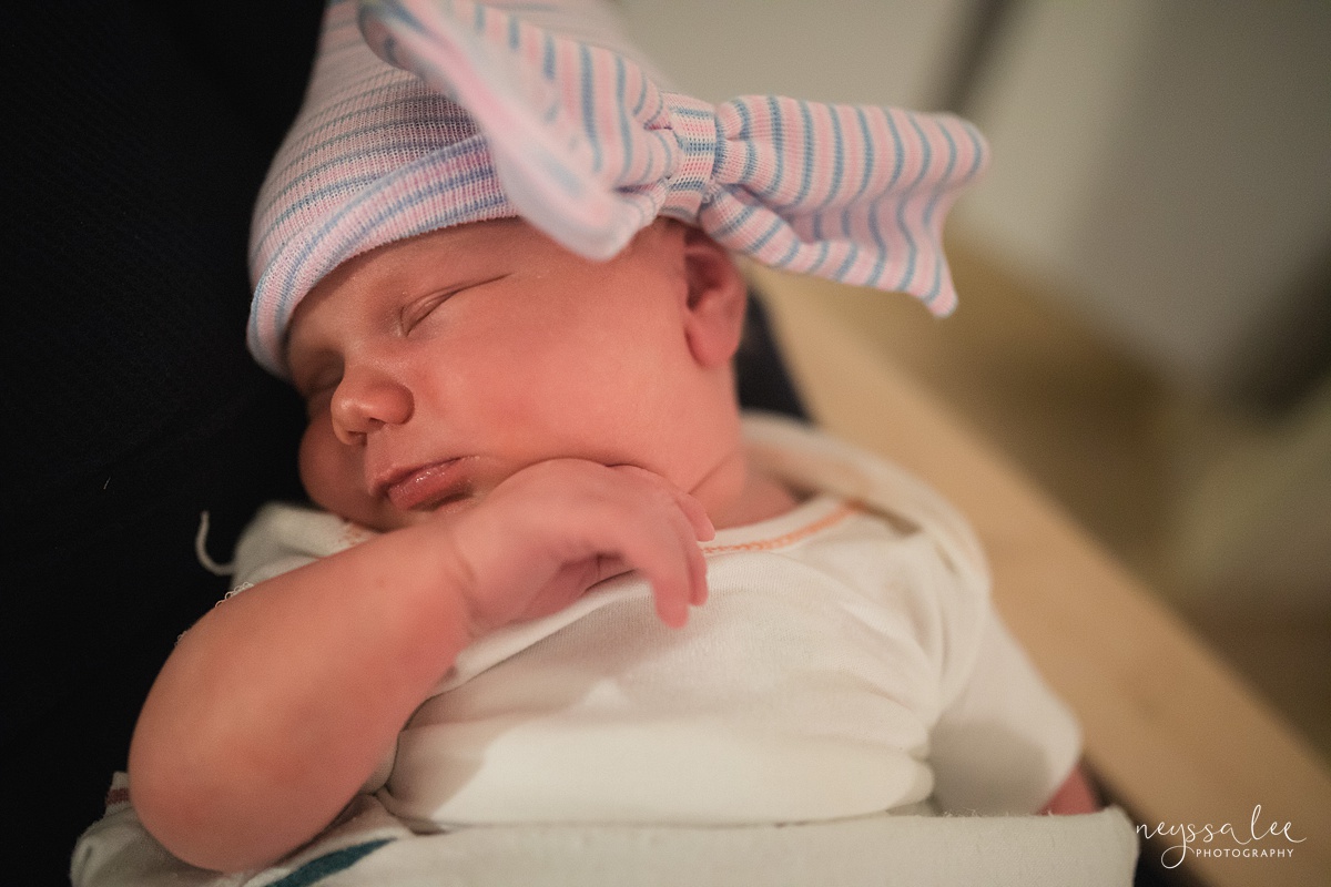 Photo of sleeping baby girl during Bellevue, WA hospital newborn photos