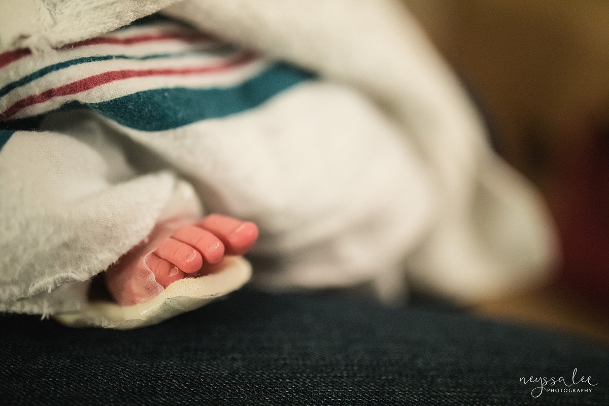 Baby in NICU for Photo Session, Neyssa Lee Photography, Issaquah Fresh 48 photographer, Photo of newborn baby foot peeking out of blanket