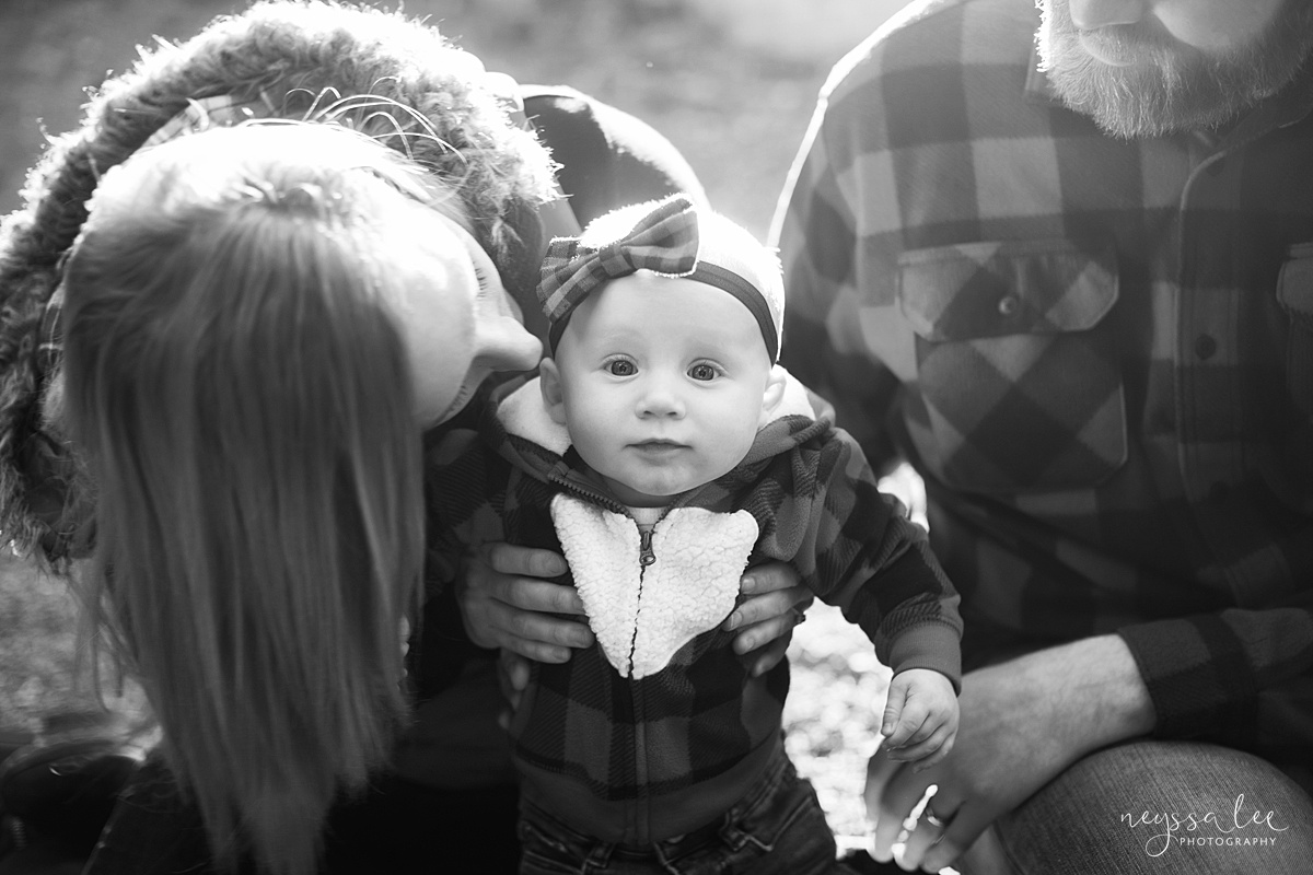 Best Age to Photograph Baby, Neyssa Lee Photography, Seattle Baby Photographer, Black and white photo of baby girl surrounded by mom and dad