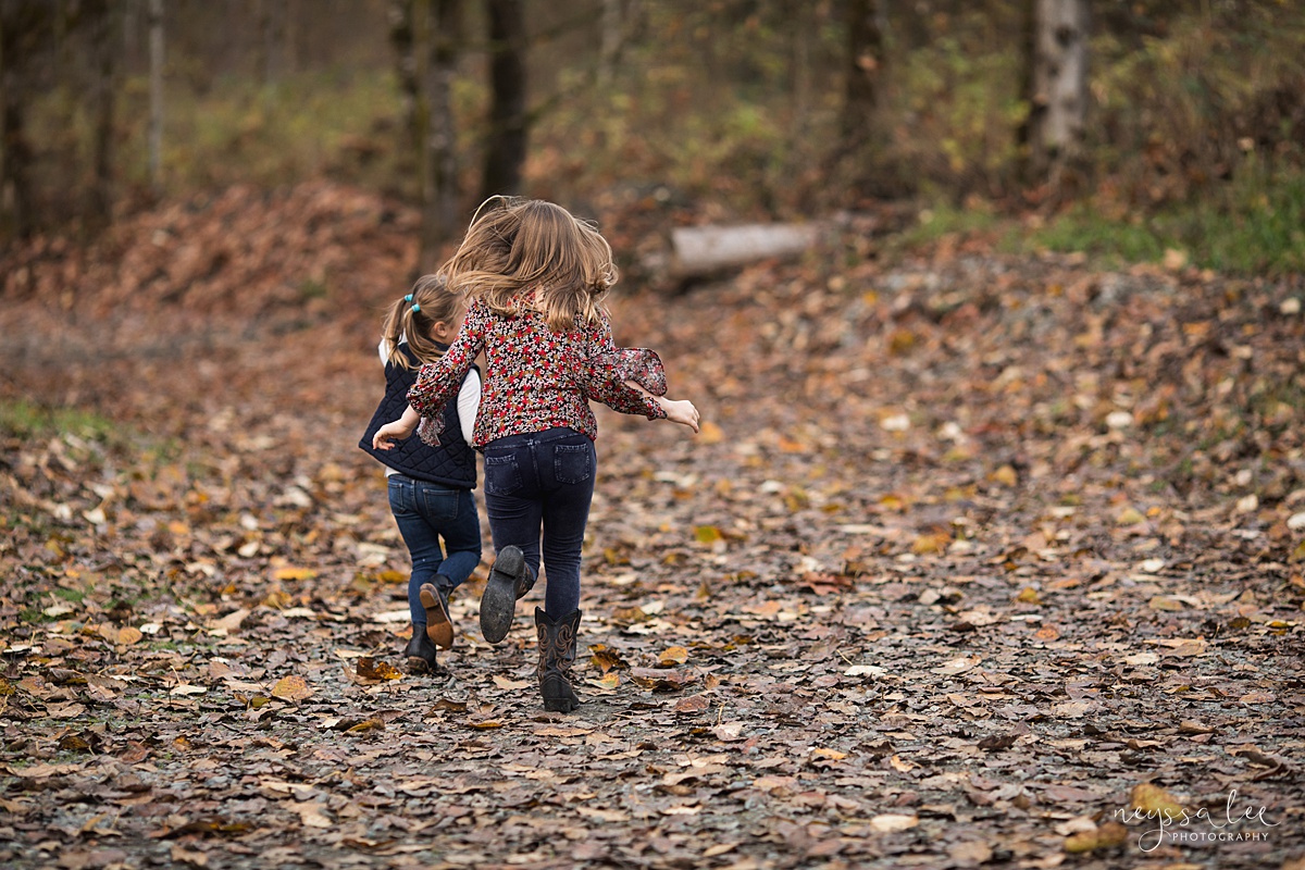 Location for family photos, Neyssa Lee Photography, Seattle Family Photographer, Bellevue Photography, Photo of girls running through fall leaves