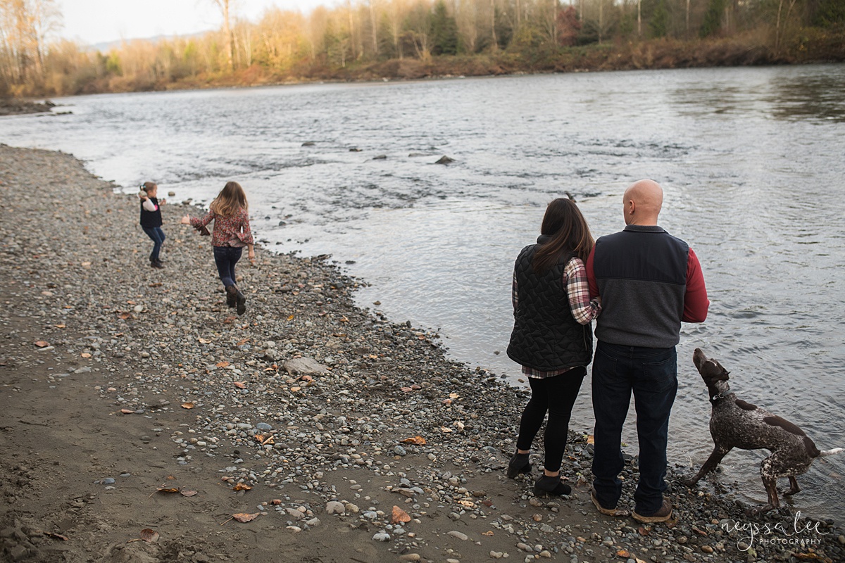 Location for family photos, Neyssa Lee Photography, Seattle Family Photographer, Bellevue Photography, Photo of parents watching their kids play at the river
