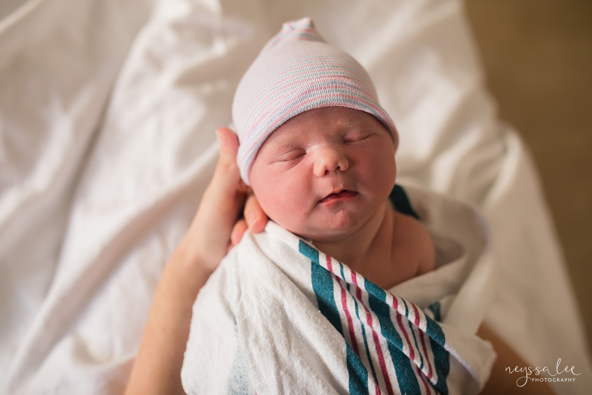 Neyssa Lee Photography, Issaquah and Bellevue Fresh 48 Photographer,  Photo of newborn baby girl swaddled in hospital 