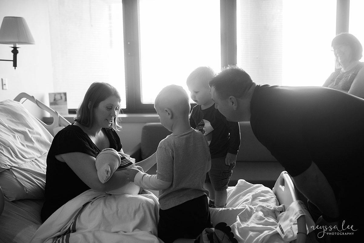 Neyssa Lee Photography, Issaquah and Bellevue Fresh 48 Photographer,  black and white photo of family of five together for first time in hospital