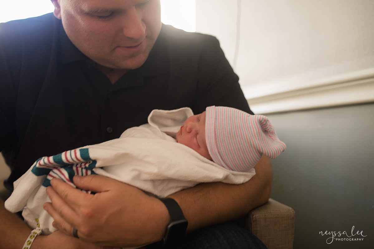 Neyssa Lee Photography, Issaquah and Bellevue Fresh 48 Photographer,  Photo of dad holding newborn baby girl in hospital