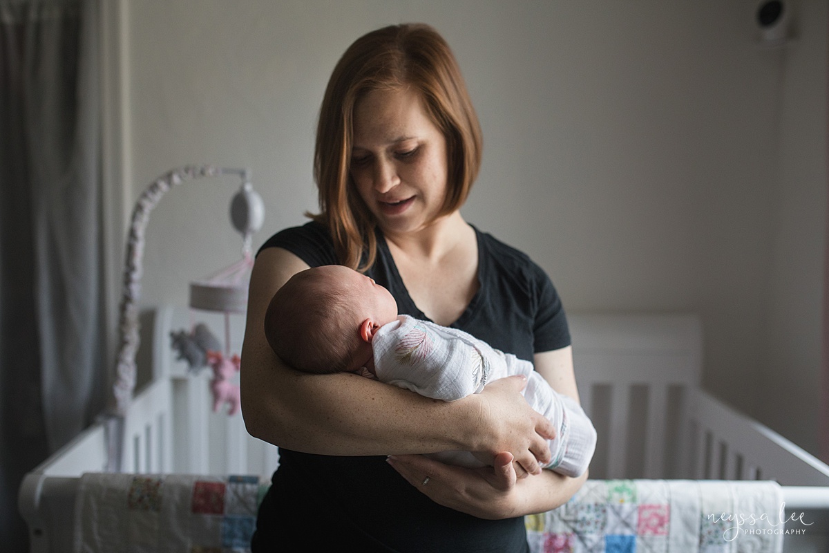 Neyssa Lee Photography, Seattle Newborn Photographer,  Newborn Photo Session Experience, Photo of mother and newborn baby in nursery