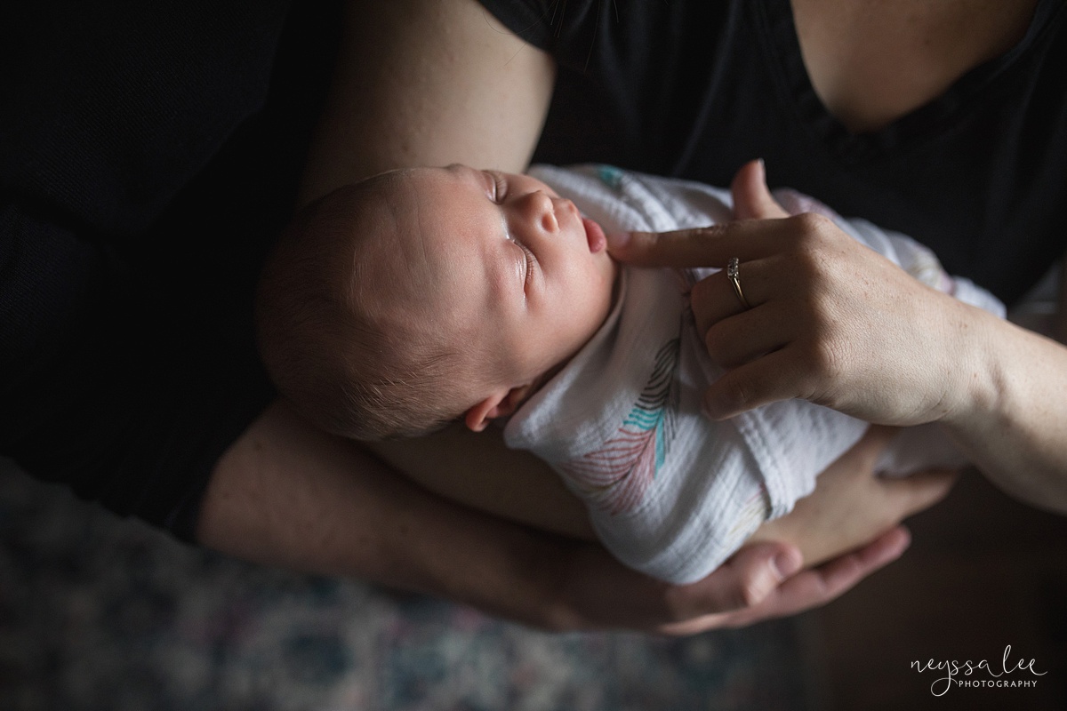 Neyssa Lee Photography, Seattle Newborn Photographer,  Newborn Photo Session Experience, Photo of mom caressing newborn baby face