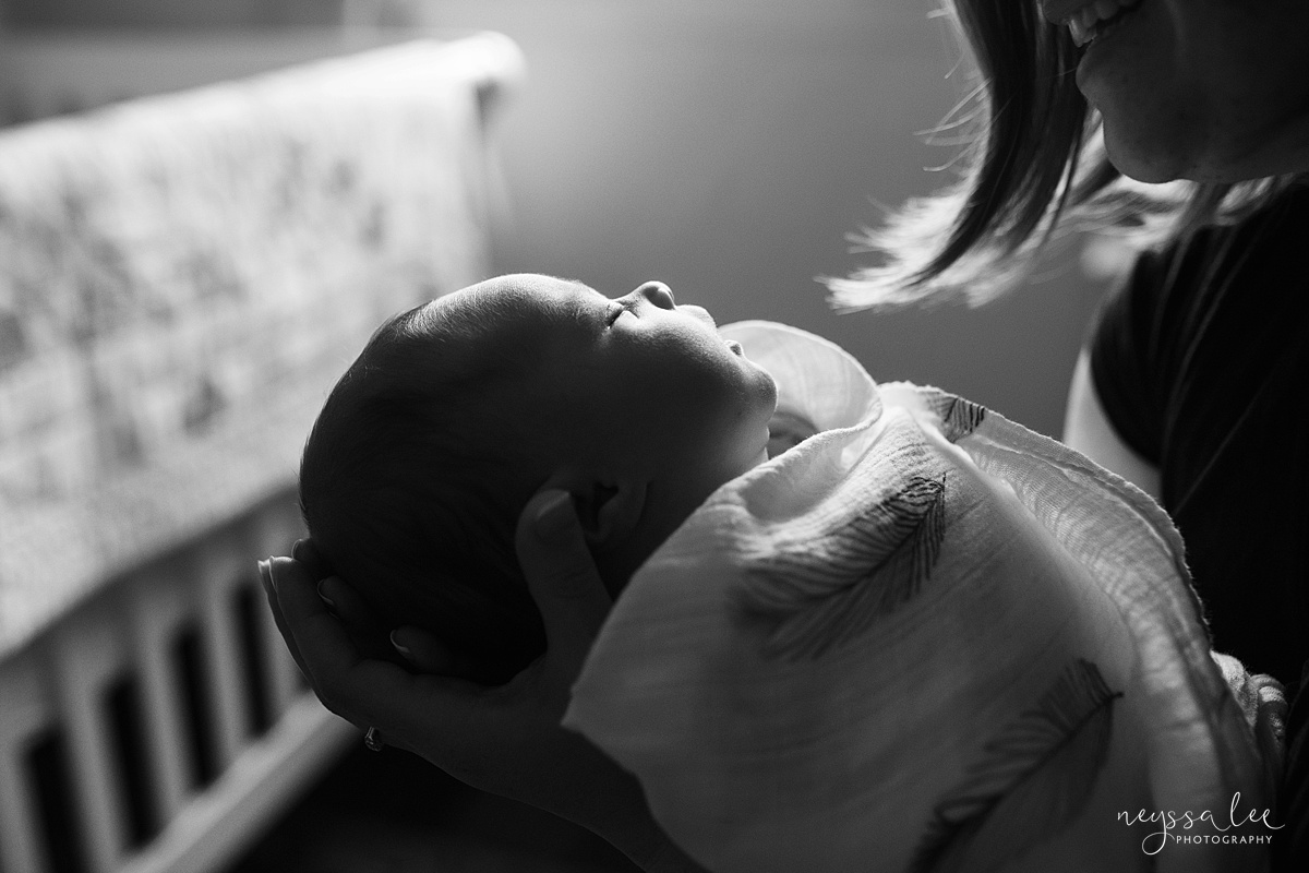 Neyssa Lee Photography, Seattle Newborn Photographer,  Newborn Photo Session Experience, Black and white photo of newborn baby's profile 
