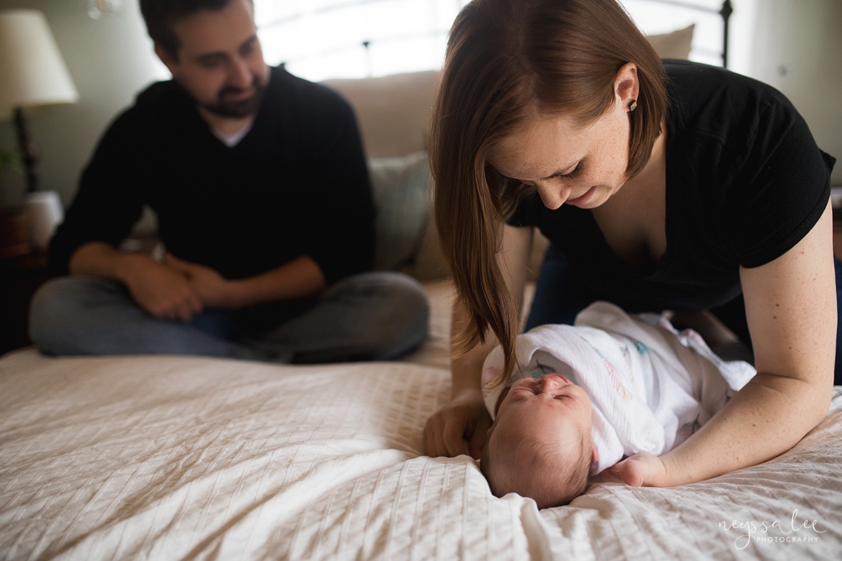 Neyssa Lee Photography, Seattle Newborn Photographer,  Newborn Photo Session Experience, Photo of mom picking up newborn baby