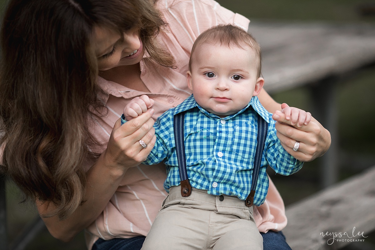 Neyssa Lee Photography, Issaquah Family Photographer, Family Photos with Grey Skies, Lake Sammamish State Park, Photo of mom with baby boy on lap